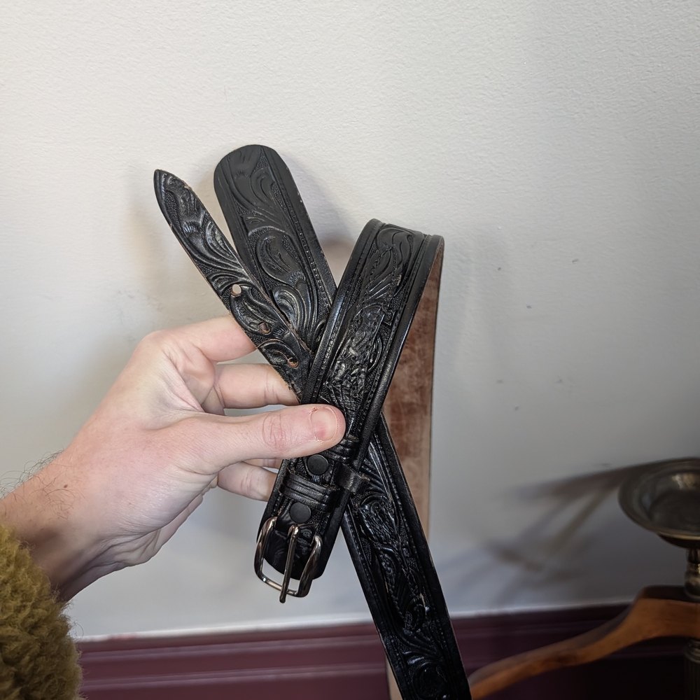 LOOPER Vintage Black Leather Layered Embellished Western Belt USA 46